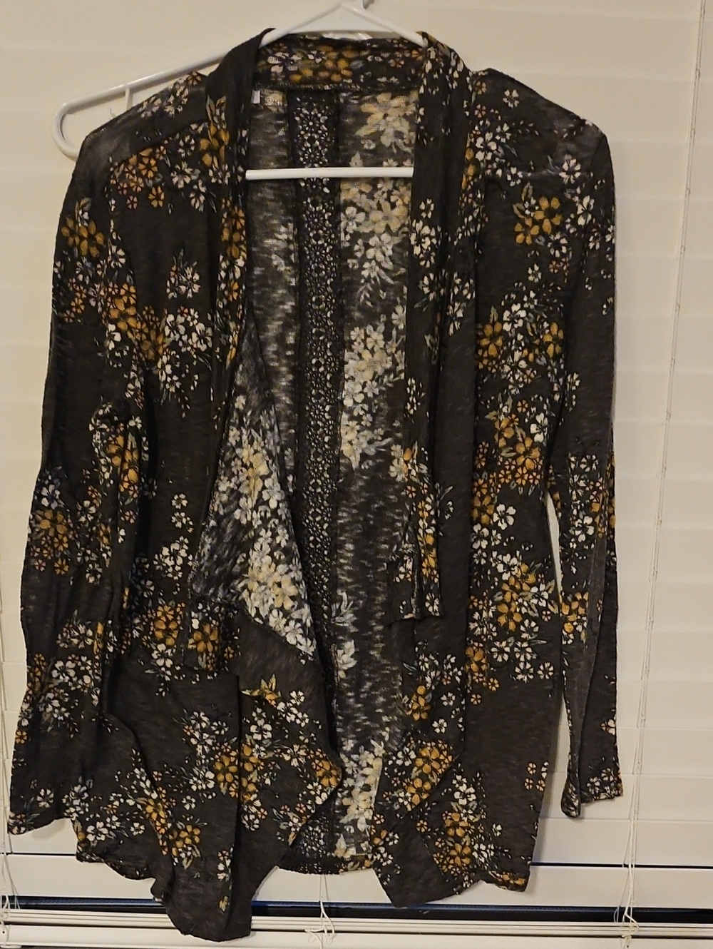 Maurices Black Floral Open-Front Cardigan with Gold and White Blossoms